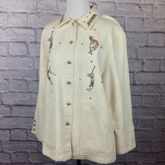 Cactus Jacket Western  Women Large Button Ivory Embroidered Embellished Pockets - Picture 5 of 17